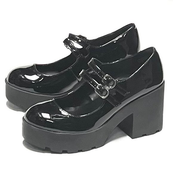 New Women's Black Patent Mary Jane School Girl Platform Heel Ballet Flats Pumps - Picture 1 of 6